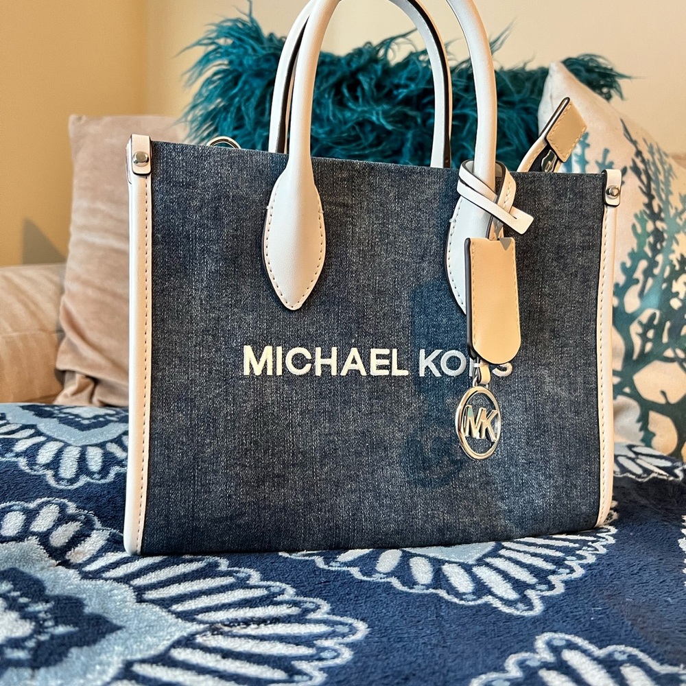 Michael Kors Blue and White Satchel with Structured Design